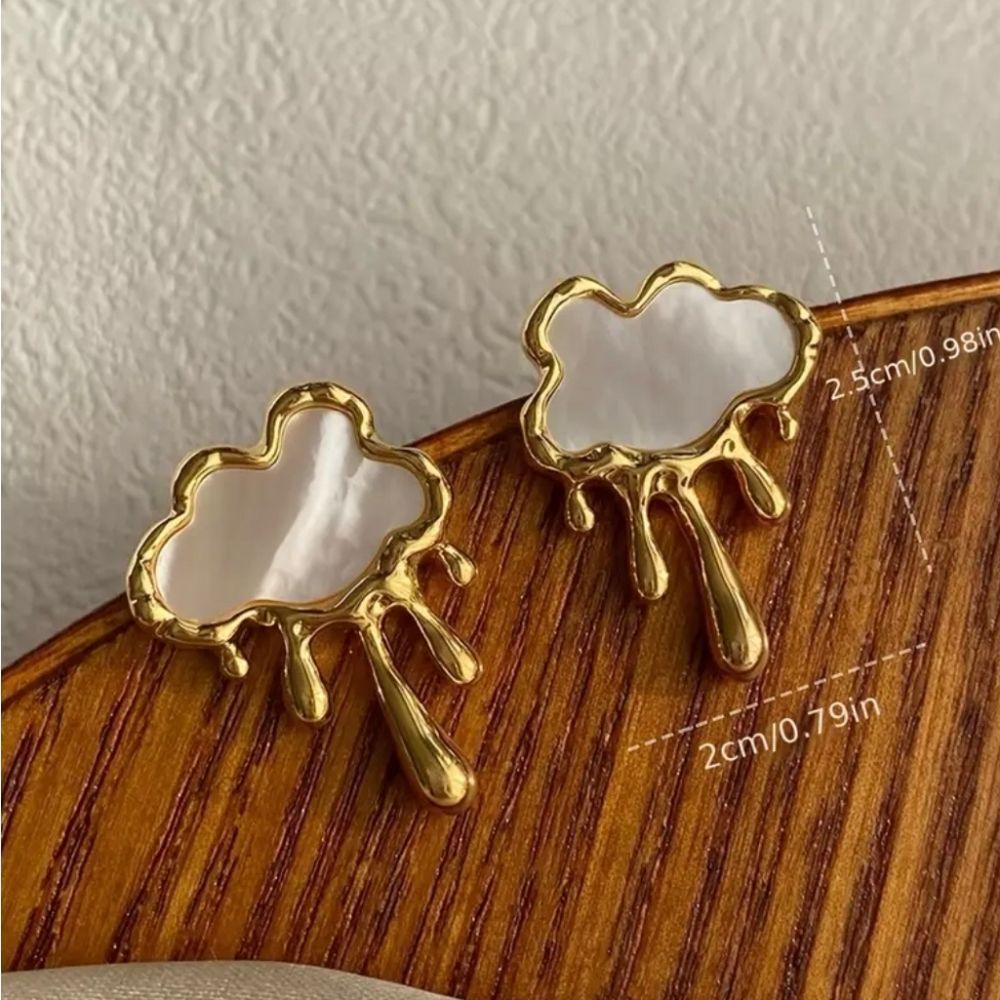 Gold Cloud Drop Earrings with White Inlay - Picture 2 of 5